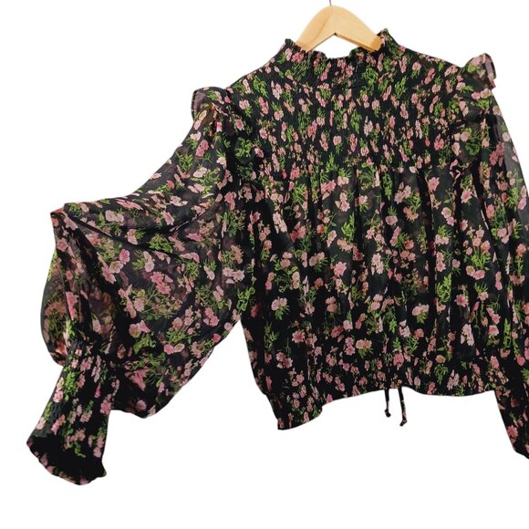 Olivaceous Medium Top, Floral, Ruffled, Smocked, Cottage Core, Boho, Blk/Grn/Pnk - Picture 6 of 15